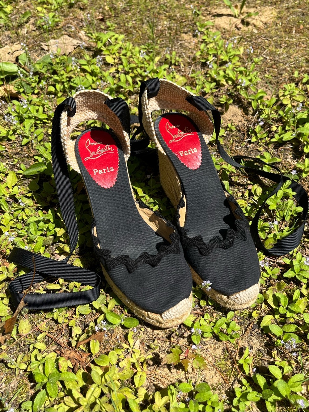 Y2K Christian Louboutin Ribbon Tie Wedge Espadrilles Black Size 8 Resort